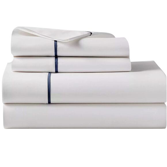 Ralph Lauren Organic Cotton Percale Palmer Twin Flat Sheet White/Polo Navy - Picture 1 of 7
